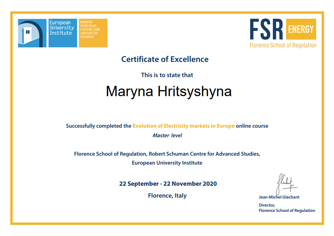 Certificate. Florence School of Regulation. Evolution of Electricity markets in Europe