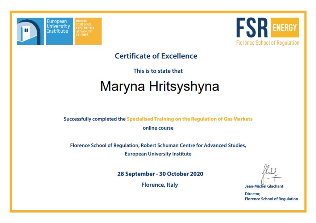 Certificate. Florence School of Regulation. Specialized Training on the Regulation of Gas Markets