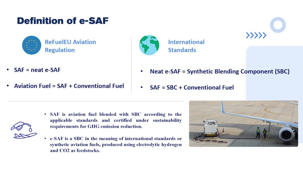 ReFuelEU Aviation Regulation. SAF is aviation fuel blended with Synthetic Blending Component (SBC) according to the applicable standards and certified under sustainability requirements for GHG emission reduction. e-SAF is a SBC in the meaning of international standards or synthetic aviation fuels, produced using electrolytic hydrogen and CO2 as feedstocks.