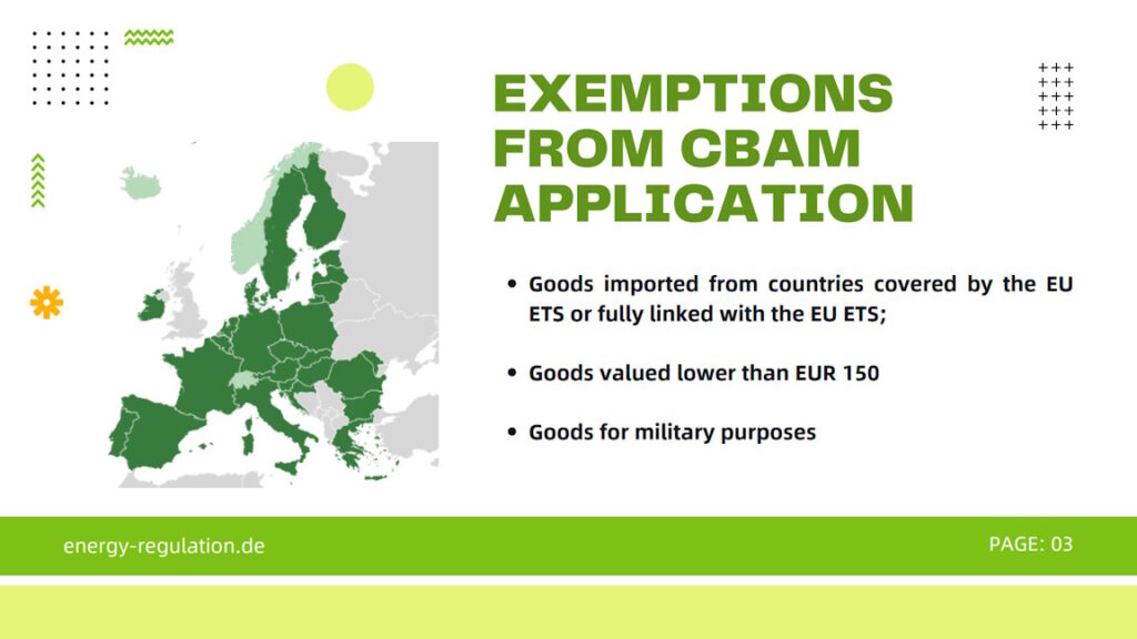 Exemptions from CBAM application: goods imported from countries covered by the EU ETS or fully linked with the EU ETS; goods valued lower than 150 EUR; goods for military purposes