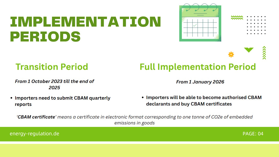 Transition Period: From 1 October 2023 till the end of 2025 importers need to submit CBAM quarterly Reports.
Full Implementation Period: From 1 January 2026 importers will be able to become authorized CBAM declarants and buy CBAM certificates.
CBAM certificate is a certificate in electronic format corresponding to one tone of CO2e of embedded emissions in goods.