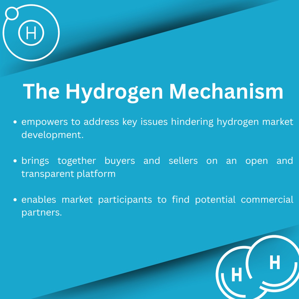 The Hydrogen Mechanism: empowers to address key issues hindering hydrogen market development; brings together buyers and sellers on an open and transparent platform; enables market participants to find potential commercial partners.