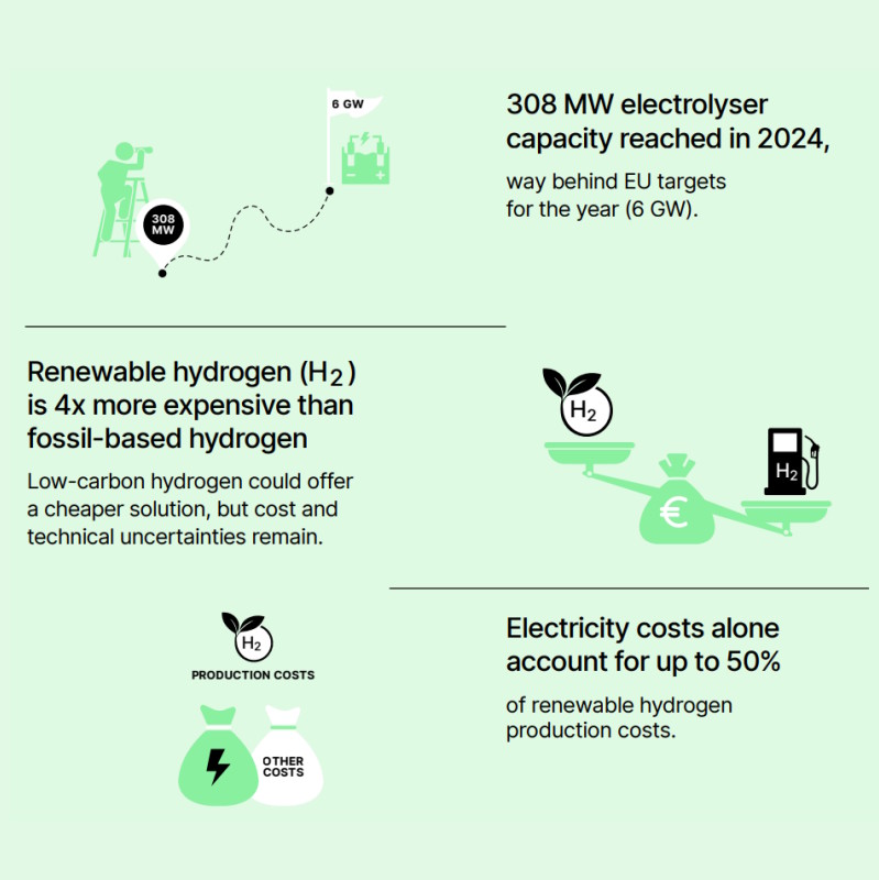 308 MW electrolyser capacity reached in 2024, way behind EU targets for the year (6 GW). Renewable hydrogen (H2) is 4x more expensive than fossil-based hydrogen. Low-carbon hydrogen could offer a cheaper solution, but cost and technical uncertainties remain. Electricity costs alone account for up to 50% of renewable hydrogen production costs.