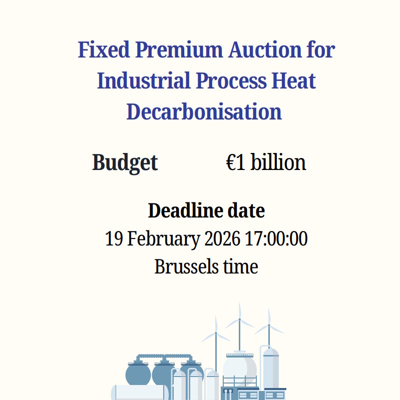 Fixed Premium Auction for Industrial Process Heat Decarbonisation. Budget: €1 billion. Deadline date 19 February 2026 17:00:00 Brusselstime.